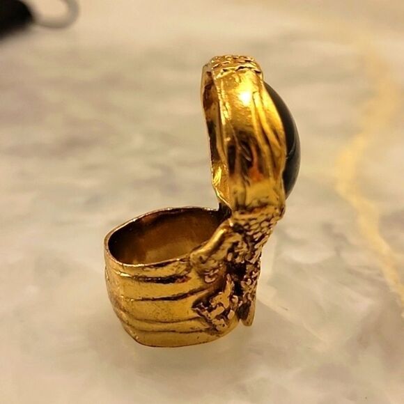 Yves Saint Laurent YSL Size 6 Arty Black RARE Cabochon Vintage 24KT Gold Ring - Picture 9 of 12